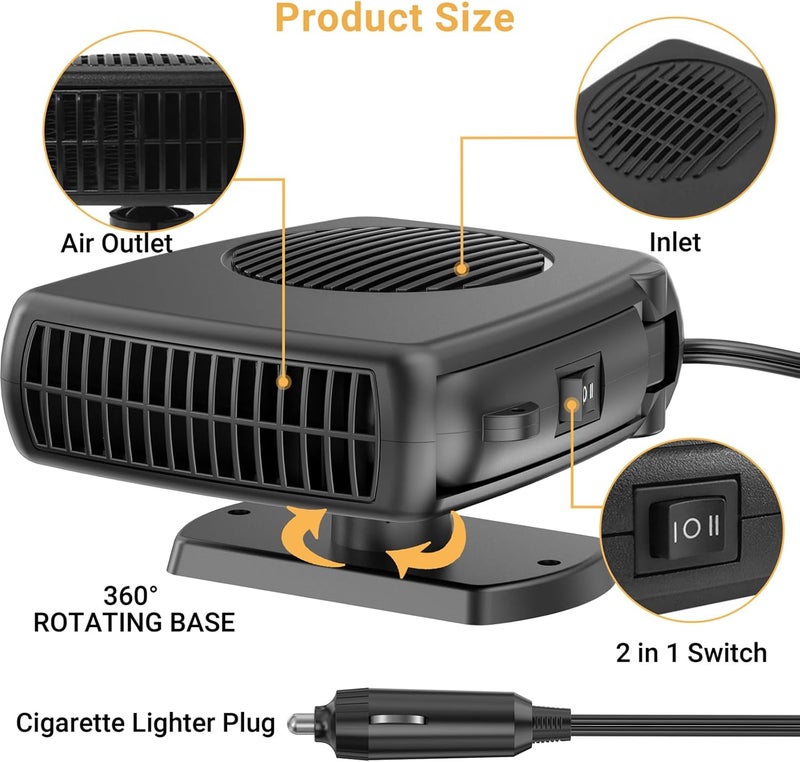 Ouffun 200W Car Heater, 12V Auto Part Vehicle Heater That Plugs into Cigarette Lighter, Portable Car Heaters and Defroster Windshield Defogger, Heaters for Vehicles with 360 Degree Rotary Base - Image 5